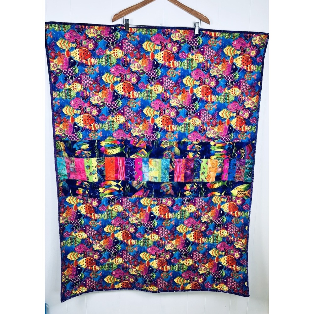 Handmade Reversible Toddler Quilt Multicolor Tropical‎ Fish and Fleece 51"x39"